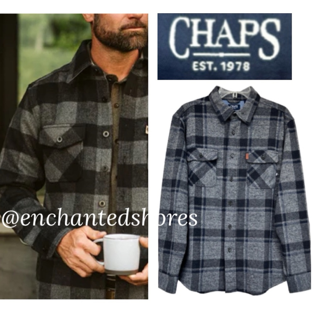 Chaps Mens Flannel Shirt Soft Warm Rugged Grey Blue Black Plaid Size Medium